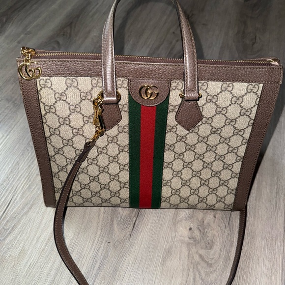 Gucci Handbags - Gucci Beige and Brown Satchel with Red and Green Stripe